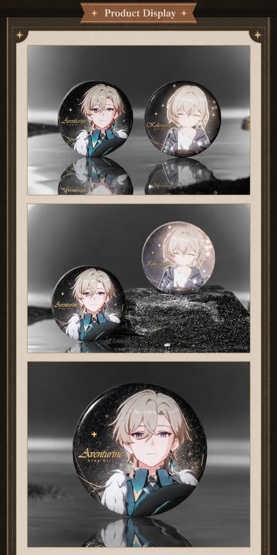 Aventurine and Kakavasha collectible badges displayed on reflective surfaces
