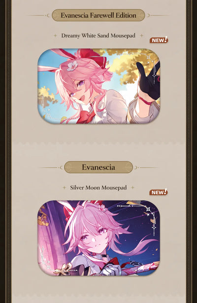 Evanescia Farewell Edition and Evanescia character badge designs