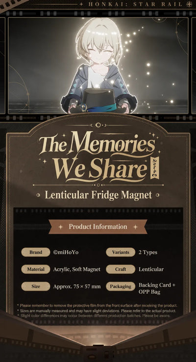 The Memories We Share Series lenticular fridge magnet specifications, acrylic material, magnetic backing, and dimensions