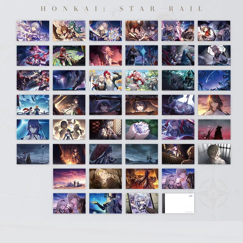 Honkai: Star Rail postcard sets featuring colorful character illustrations across three volumes