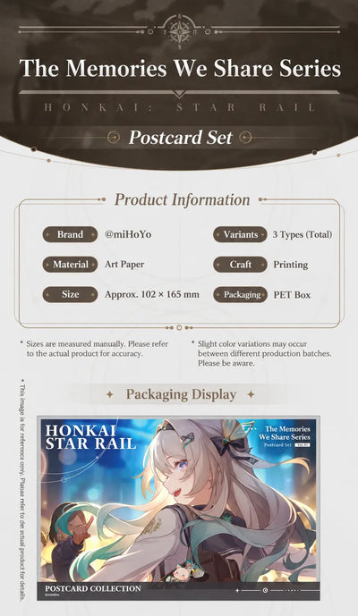 The Memories We Share Series postcard set specifications showing art paper, PET box packaging, and 102 × 165 mm size