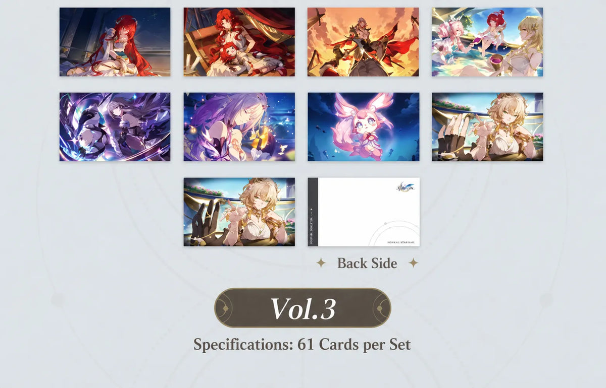 The Memories We Share Vol. 3 postcards featuring character artwork and postcard back design