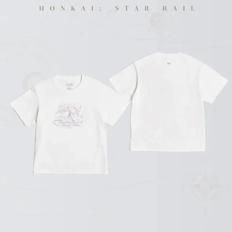 Honkai: Star Rail Castorice white short-sleeve T-shirt featuring lavender character artwork and butterfly motifs