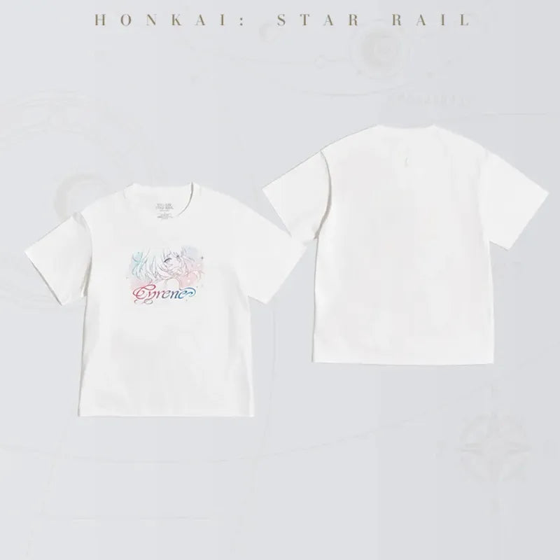 Honkai: Star Rail Cyrene white short-sleeve T-shirt featuring pastel pink and blue character illustration