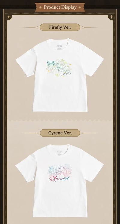 Firefly and Cyrene white short-sleeve T-shirts featuring printed character artwork on the front