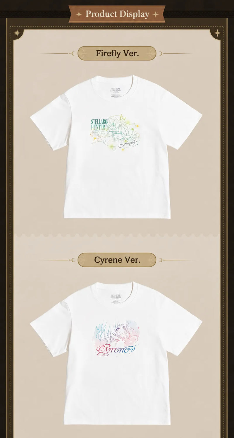 Firefly and Cyrene white short-sleeve T-shirts featuring printed character artwork on the front