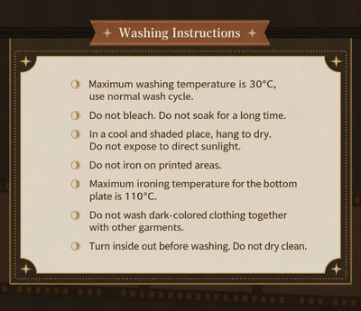 Short-sleeve T-shirt washing instructions covering 30°C washing, shade drying, ironing, and garment care