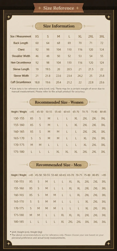 Honkai: Star Rail short-sleeve T-shirt size chart with XS to 3XL measurements and men's and women's recommendations
