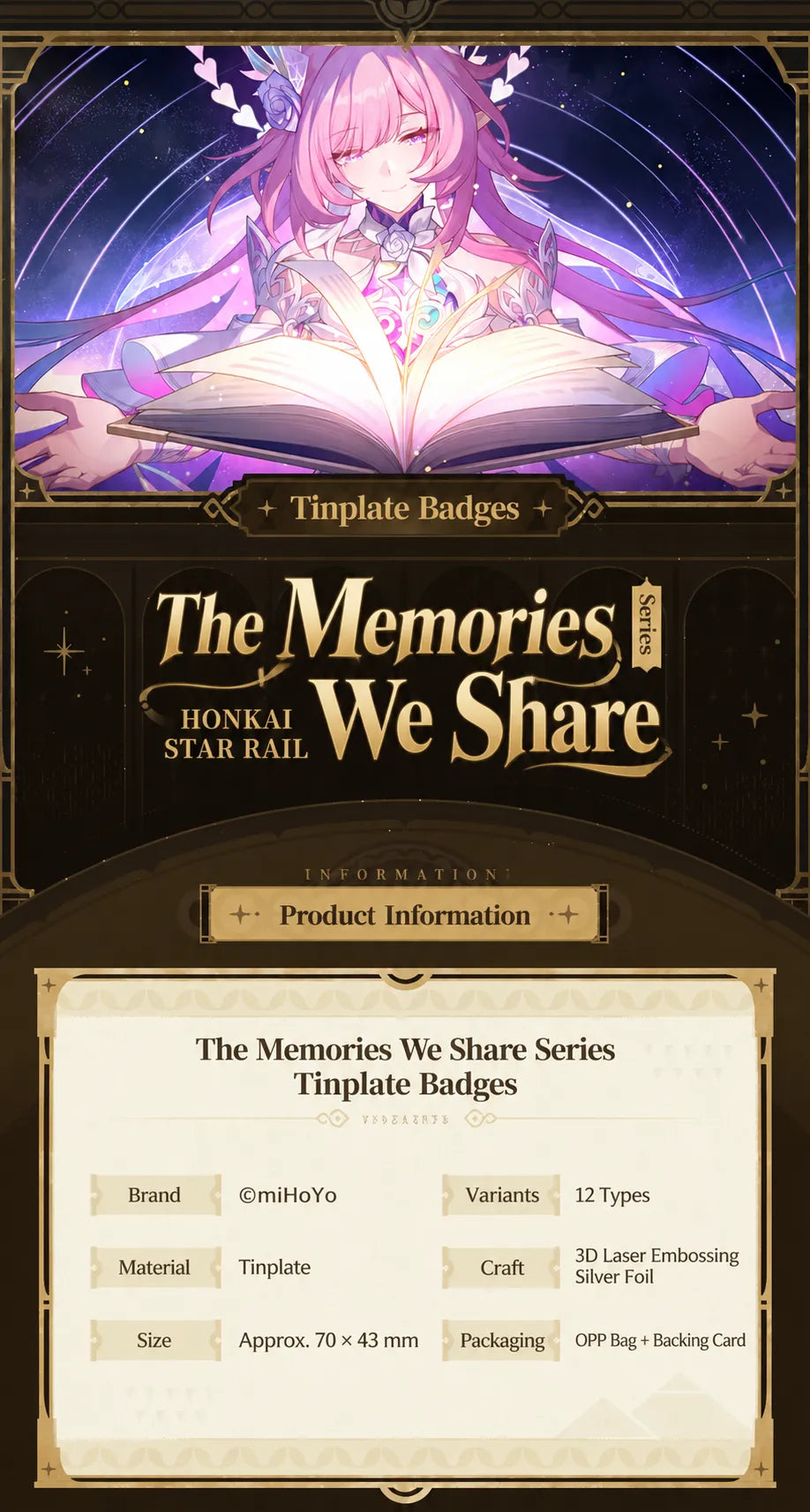 The Memories We Share Series tinplate badge specifications featuring 70 × 43 mm size and embossed silver foil finish