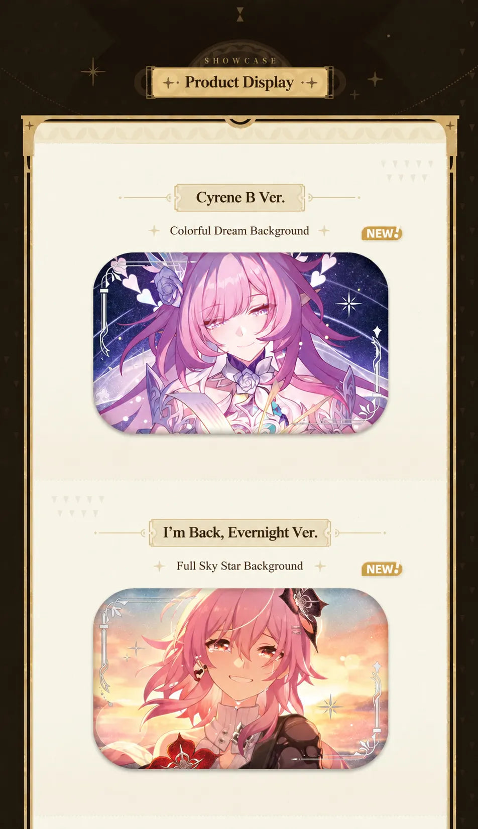 Cyrene B Ver. and Evernight I'm Back character badge designs