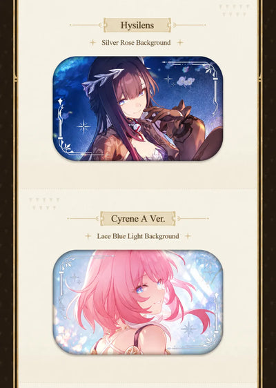 Hysilens and Cyrene A Ver. collectible badge designs with decorative backgrounds