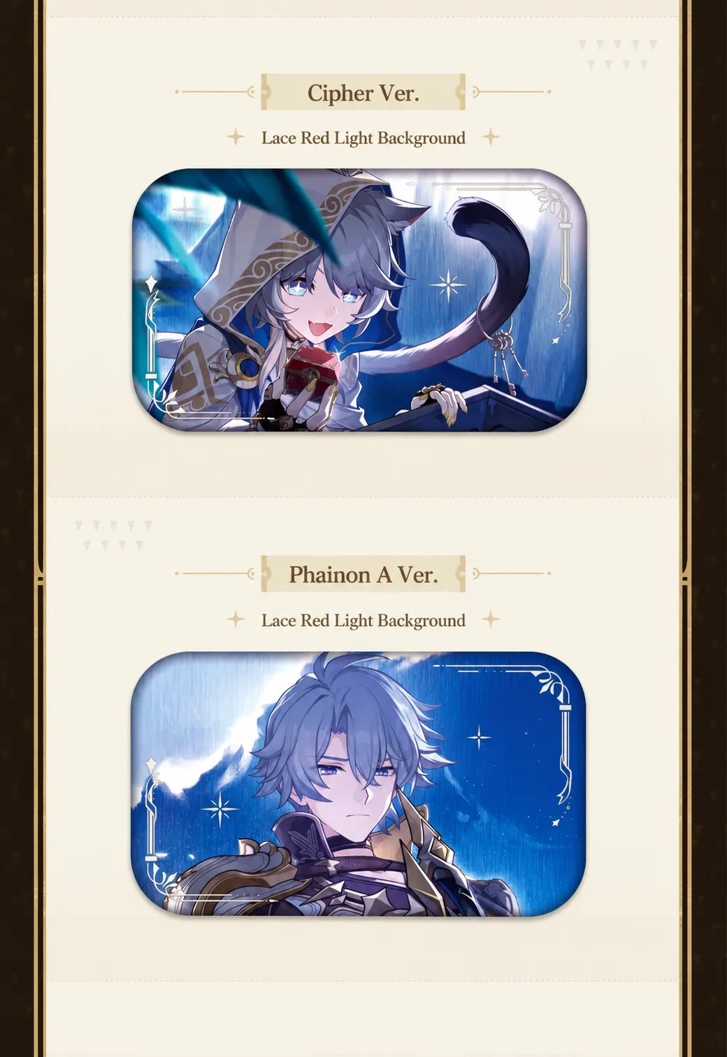 Cipher and Phainon A Ver. character badge designs with decorative silver foil details