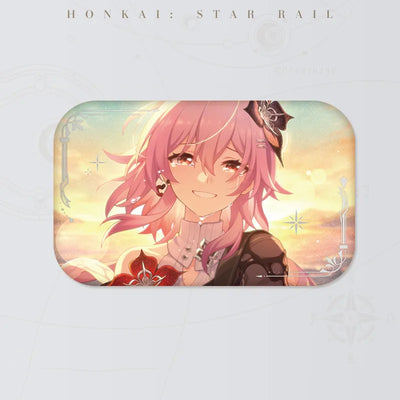 Honkai: Star Rail Evernight I'm Back tinplate badge featuring pink-haired character artwork against a sunset sky