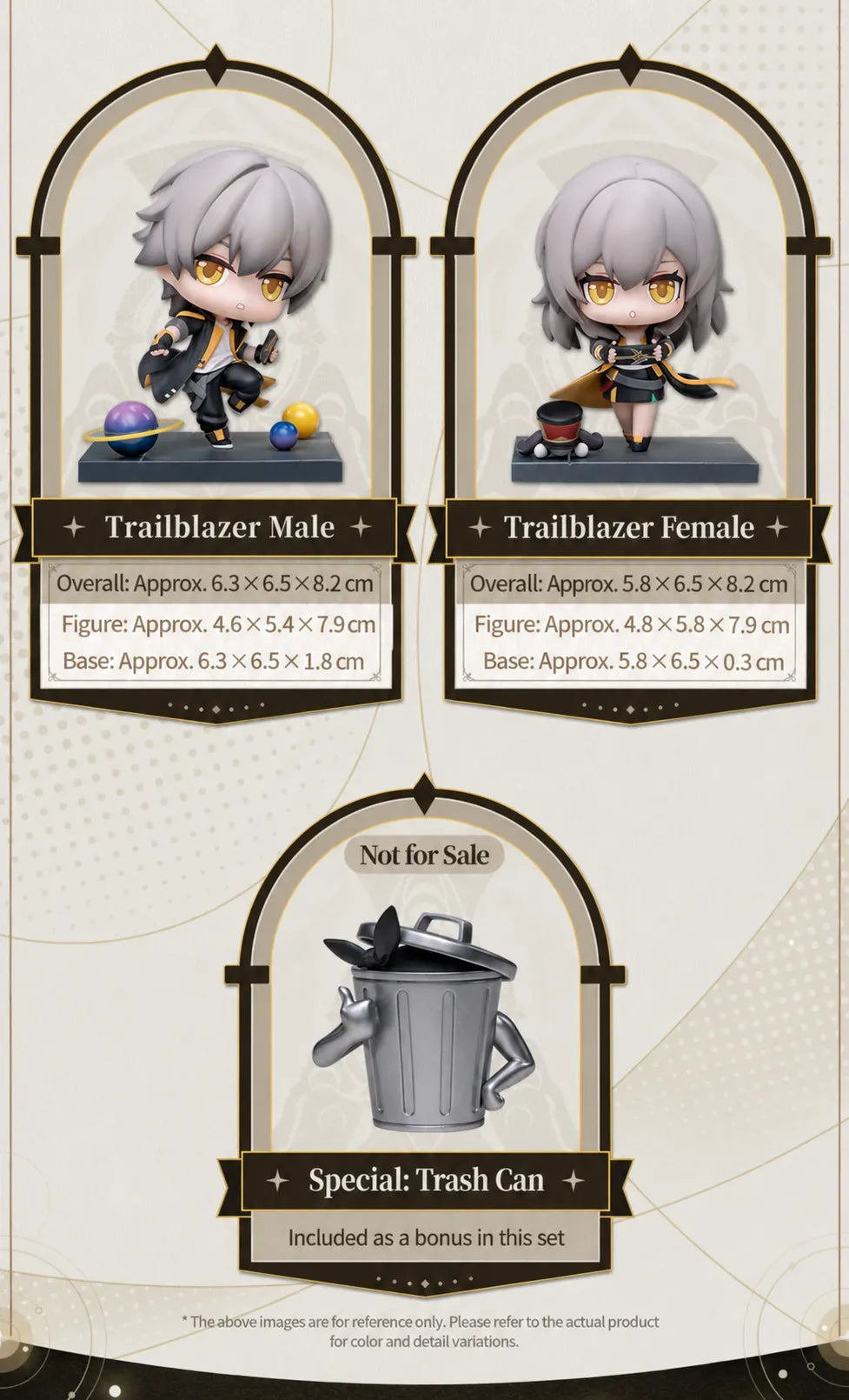 Honkai: Star Rail Time to Depart Trailblazer Male and Female Chibi Figures with Trash Can bonus