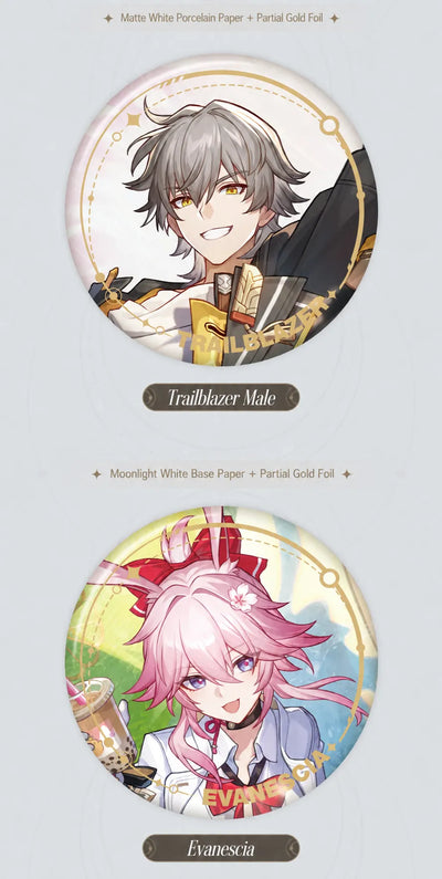 Trailblazer Male and Evanescia Elation Tinplate Badge details