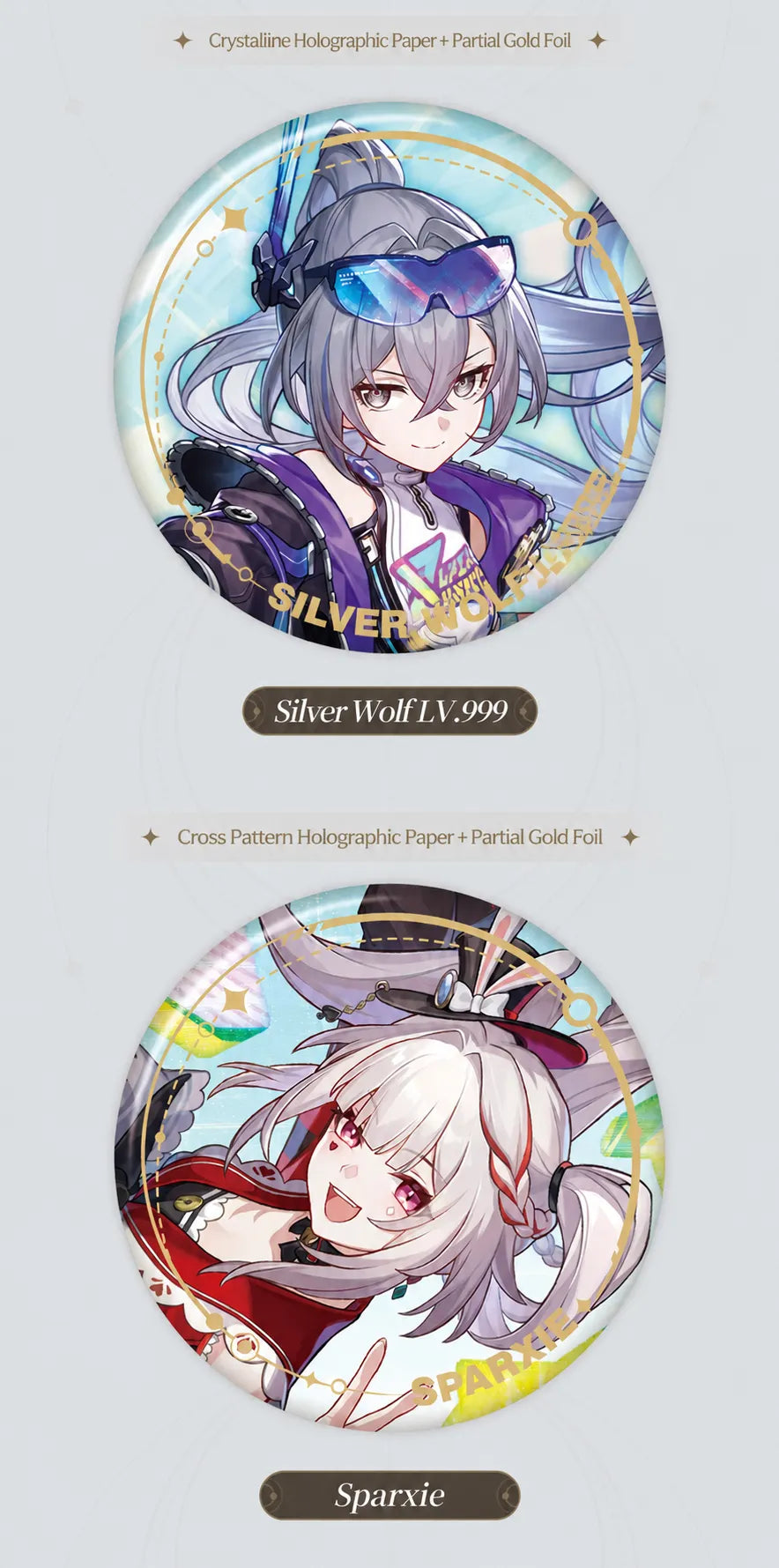 Silver Wolf LV.999 and Sparxie Elation Tinplate Badge details
