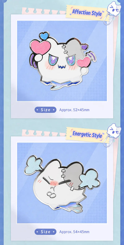 Wubbaboo Affection and Energetic Style metal badges with dimensions