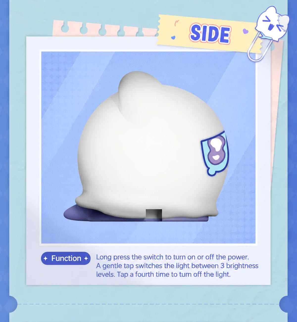 Wubbaboo Tap Night Light side view and brightness controls
