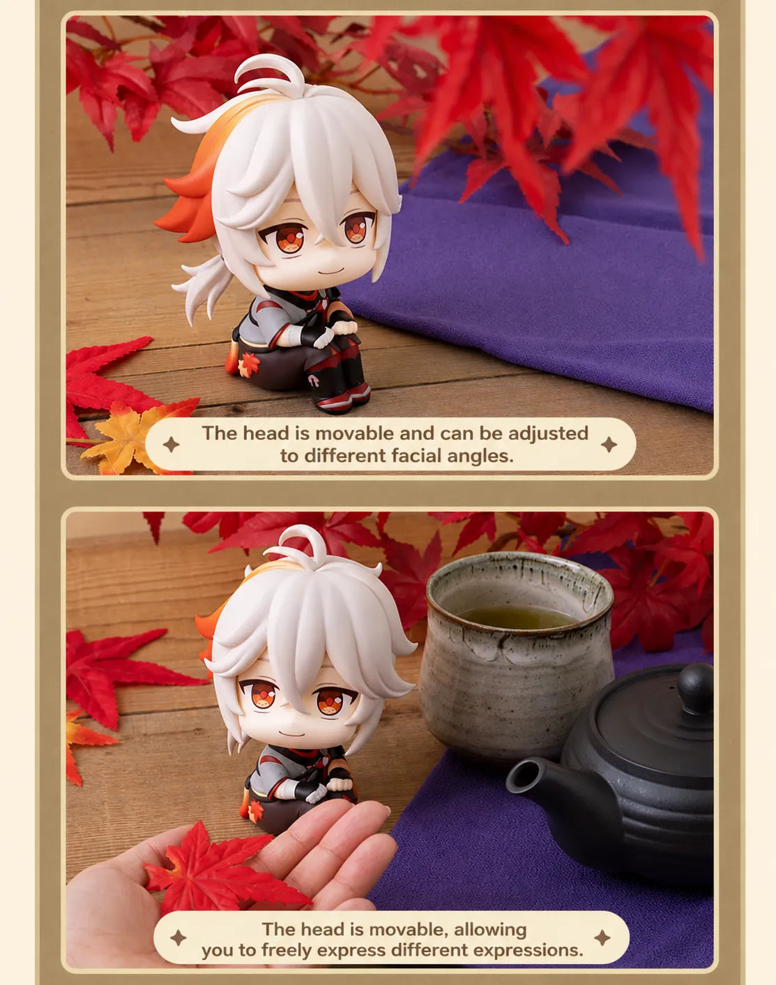 Genshin Impact Kazuha chibi figure displayed with autumn maple leaf decor
