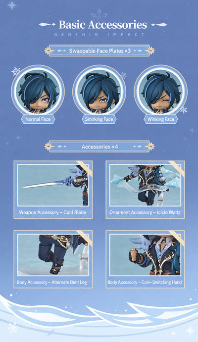 Kaeya Nendoroid accessories including interchangeable face plates, weapon, Cryo effect, and alternate parts