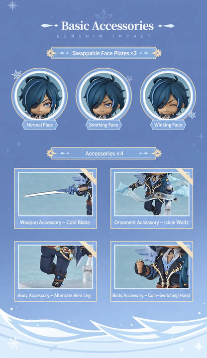 Kaeya Nendoroid accessories including interchangeable face plates, weapon, Cryo effect, and alternate parts