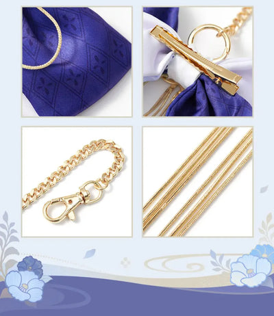 Metal tassel and decorative ornament details on Ayato bow accessory