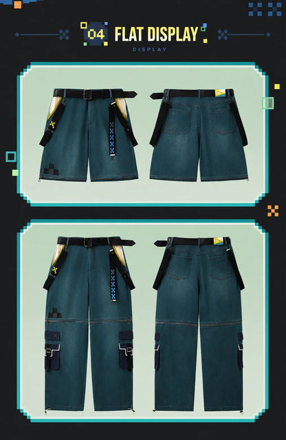 Detachable cargo denim pants complete product presentation