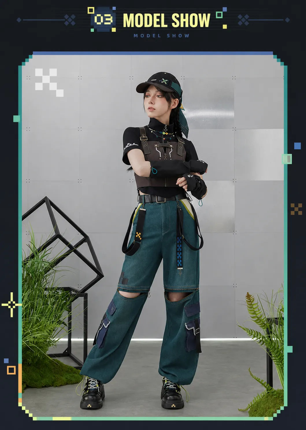 Cargo denim pants side profile display