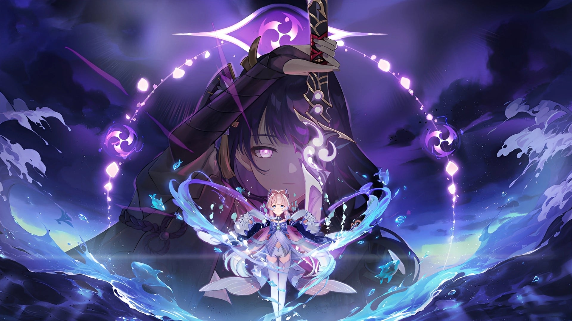 Anime fantasy wallpaper featuring Kokomi and Raiden Shogun floating under moonlight from Genshin Impact