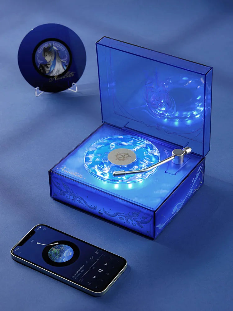 Genshin Impact Neuvillette Lyre Bluetooth Speaker with blue themed design and collectible display