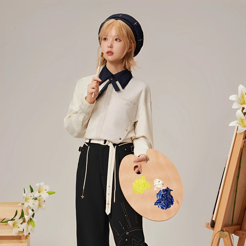 Official Genshin Impact Albedo ivory casual shirt styled on female model