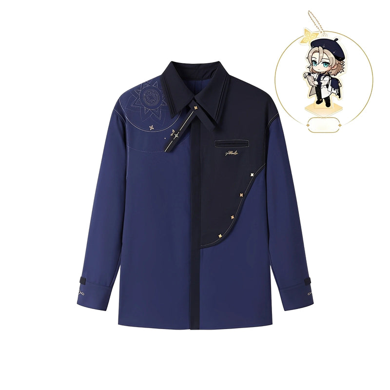 Official Genshin Impact Albedo casual shirt in navy color, front view on white background