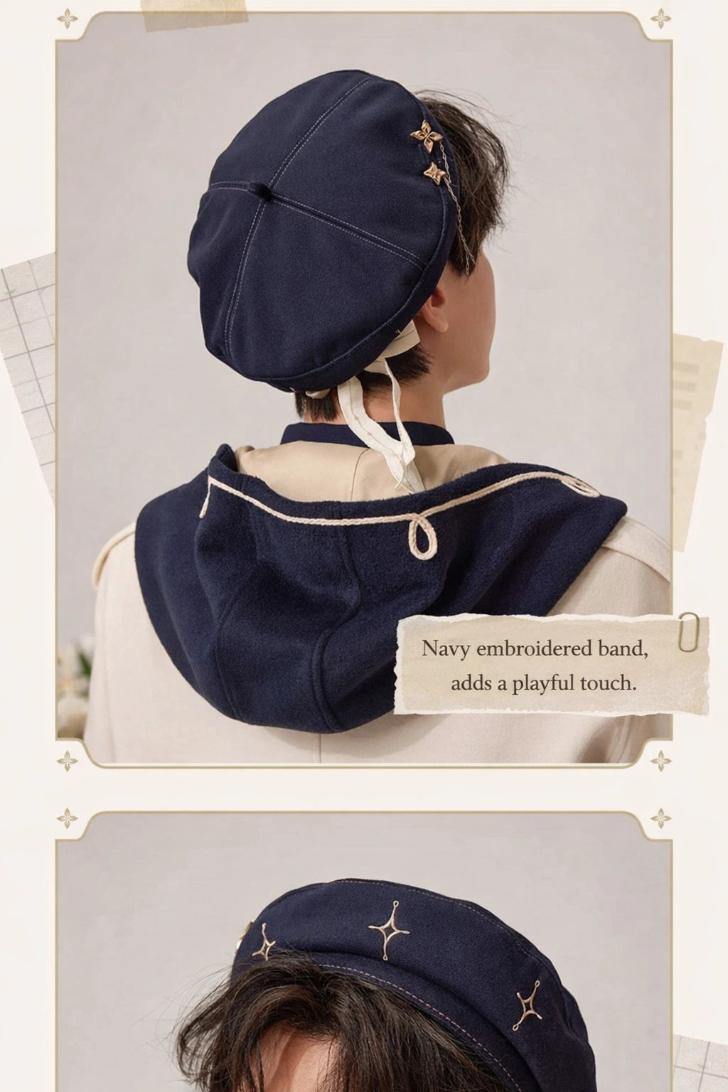 Back detail view of Albedo theme navy beret showing embroidery band and adjustable strap