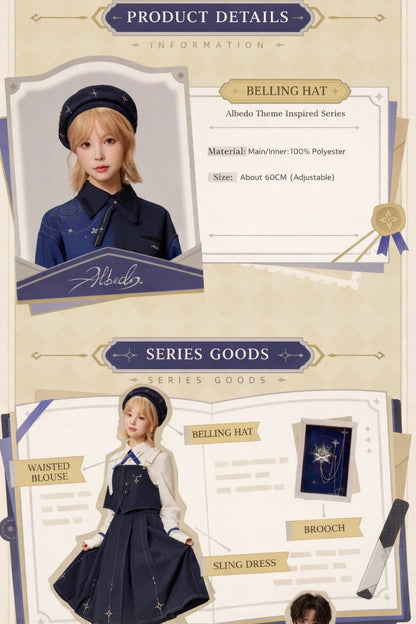 Product information layout of Genshin Impact Albedo theme navy beret with material and size details