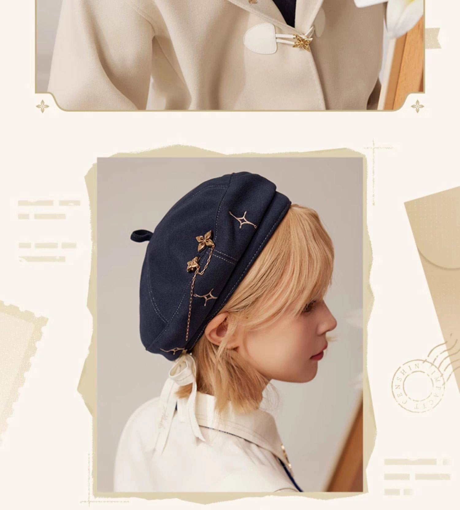 Side profile view of Albedo theme navy beret worn by model with gold star details