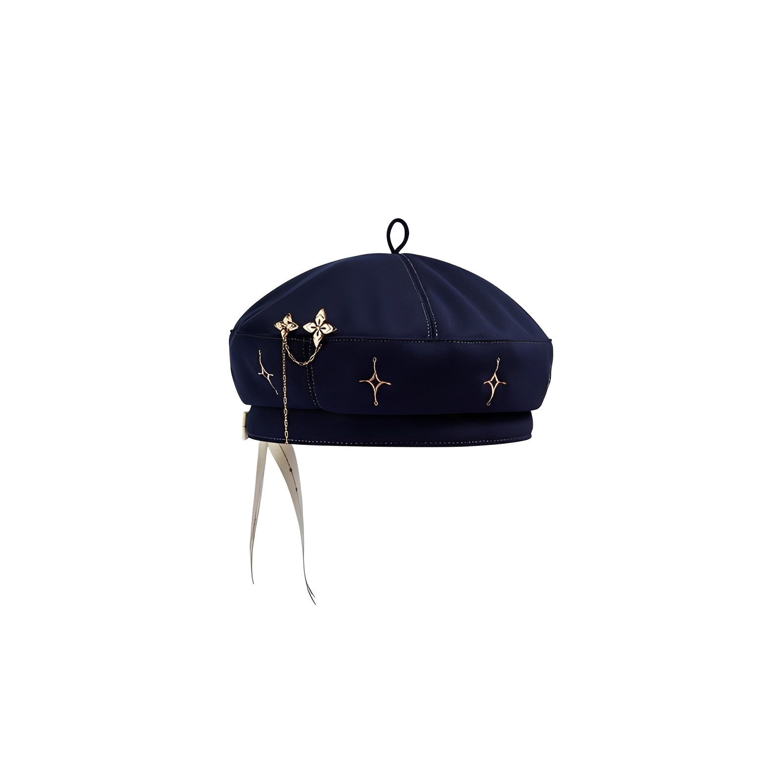 Genshin Impact Albedo theme navy beret isolated on white background with star embroidery detail