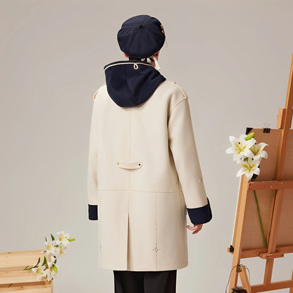 Back view of official Genshin Impact Albedo wool coat with navy hood and contrast cuffs