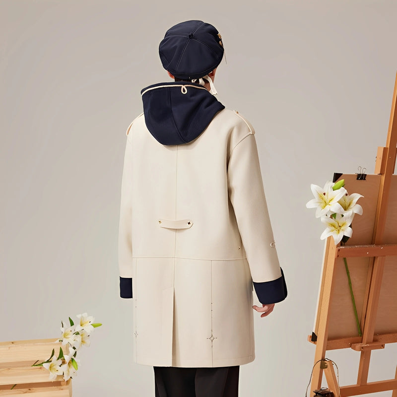 Back view of official Genshin Impact Albedo wool coat with navy hood and contrast cuffs