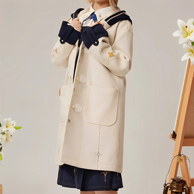 Front detail of official Genshin Impact Albedo wool coat showing floral metal toggles