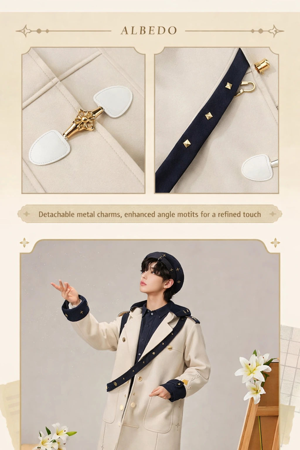 Close up of Albedo wool coat floral shaped metal toggles and navy strap detail