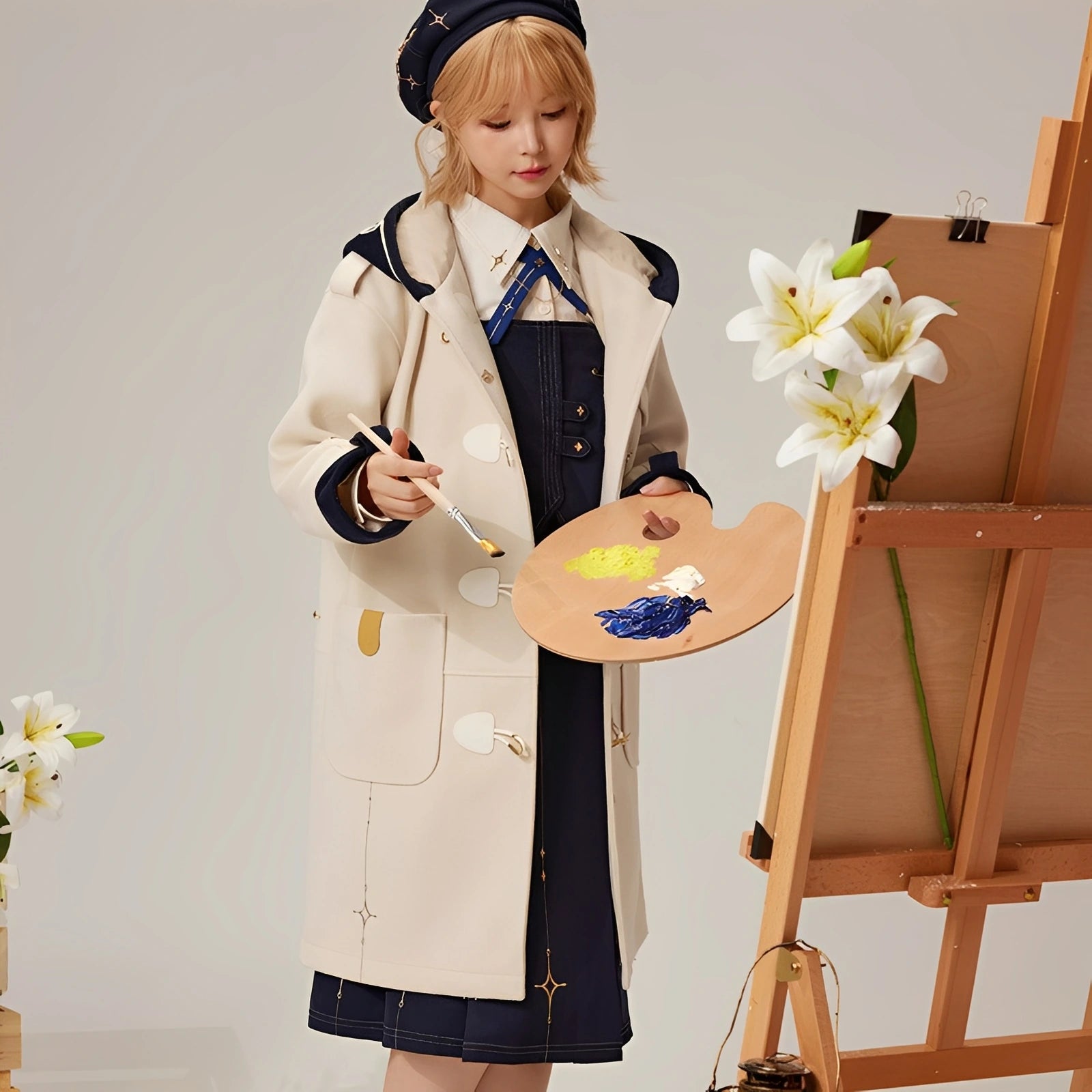 Female model wearing official Genshin Impact Albedo wool coat full body view