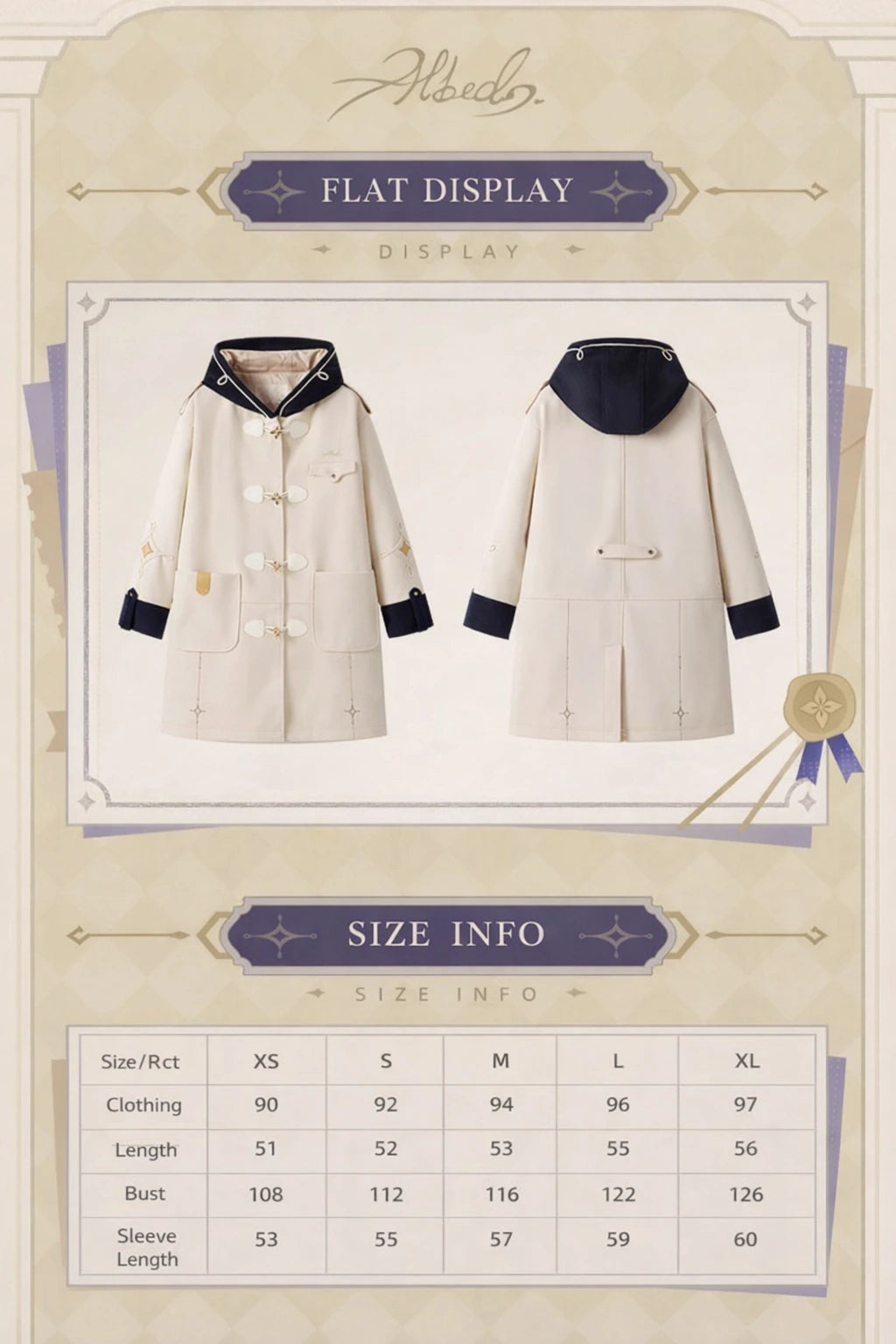 Flat display of official Albedo wool coat front and back view with size chart