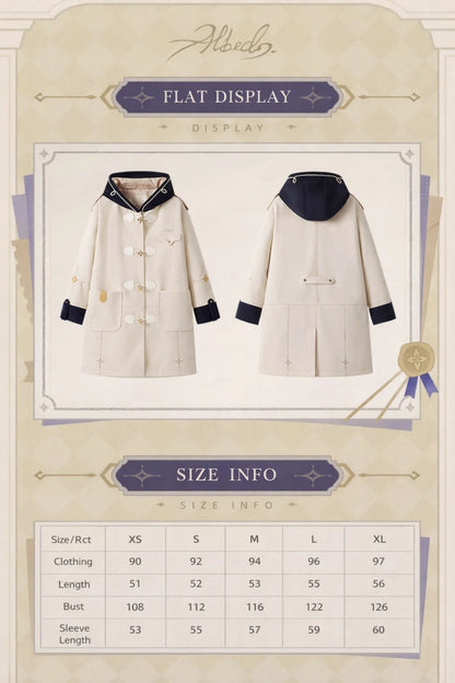 Flat display of official Albedo wool coat front and back view with size chart