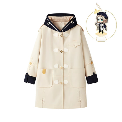 Official Genshin Impact Albedo wool coat front view on white background featuring floral metal toggles and navy hood details
