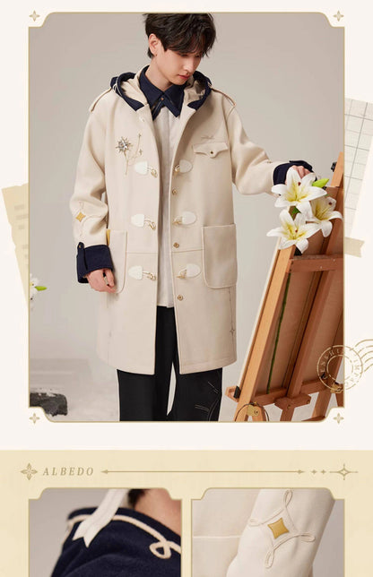 Male styling reference wearing official Genshin Impact Albedo wool coat