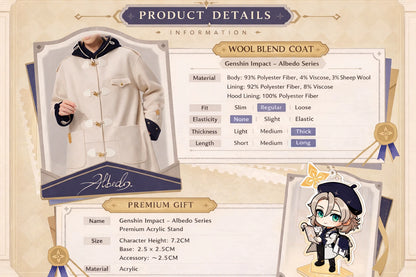 Official Genshin Impact Albedo wool coat product details including material composition fit information and bonus acrylic stand