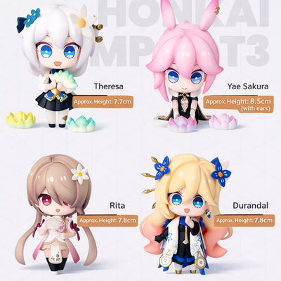 Official Honkai Impact 3 chibi capsule figure size display showing Theresa Yae Sakura Rita and Durandal