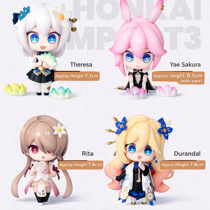 Official Honkai Impact 3 chibi capsule figure size display showing Theresa Yae Sakura Rita and Durandal