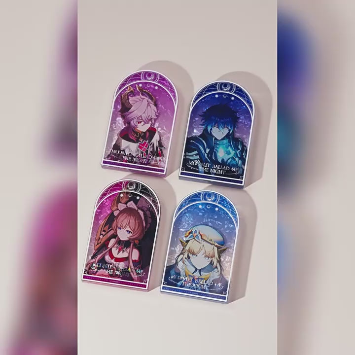 Load video: Genshin Impact Moonlit Ballad of The Night Series Thick Acrylic Stand featuring Columbina and Wanderer official merchandise display video