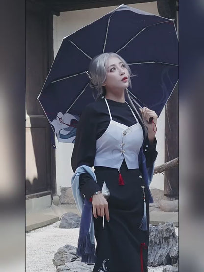 Video showcase of Genshin Impact Shenhe themed backless outfit set with layered elegant styling